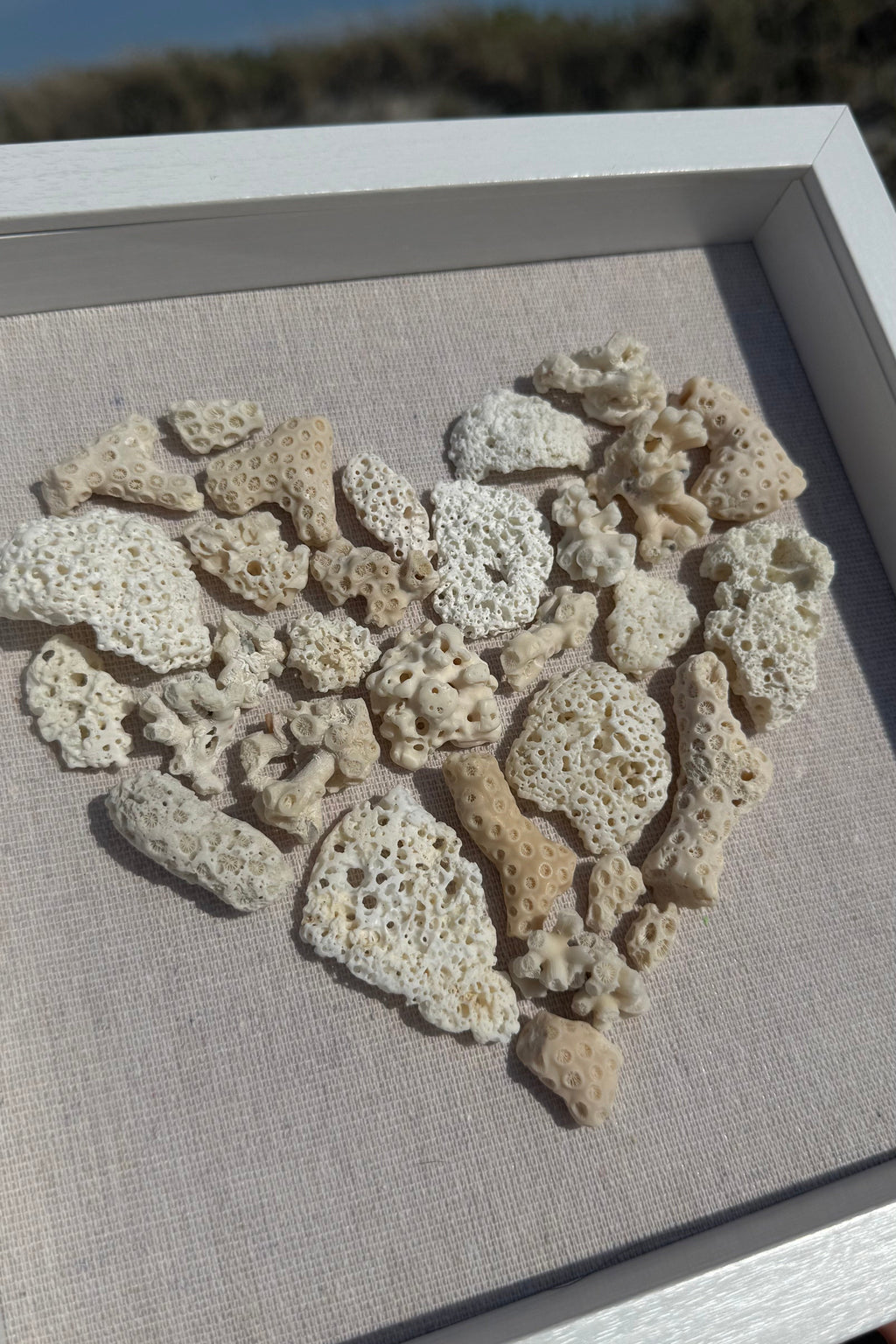 Heart-shaped arrangement of coral on a gray fabric background