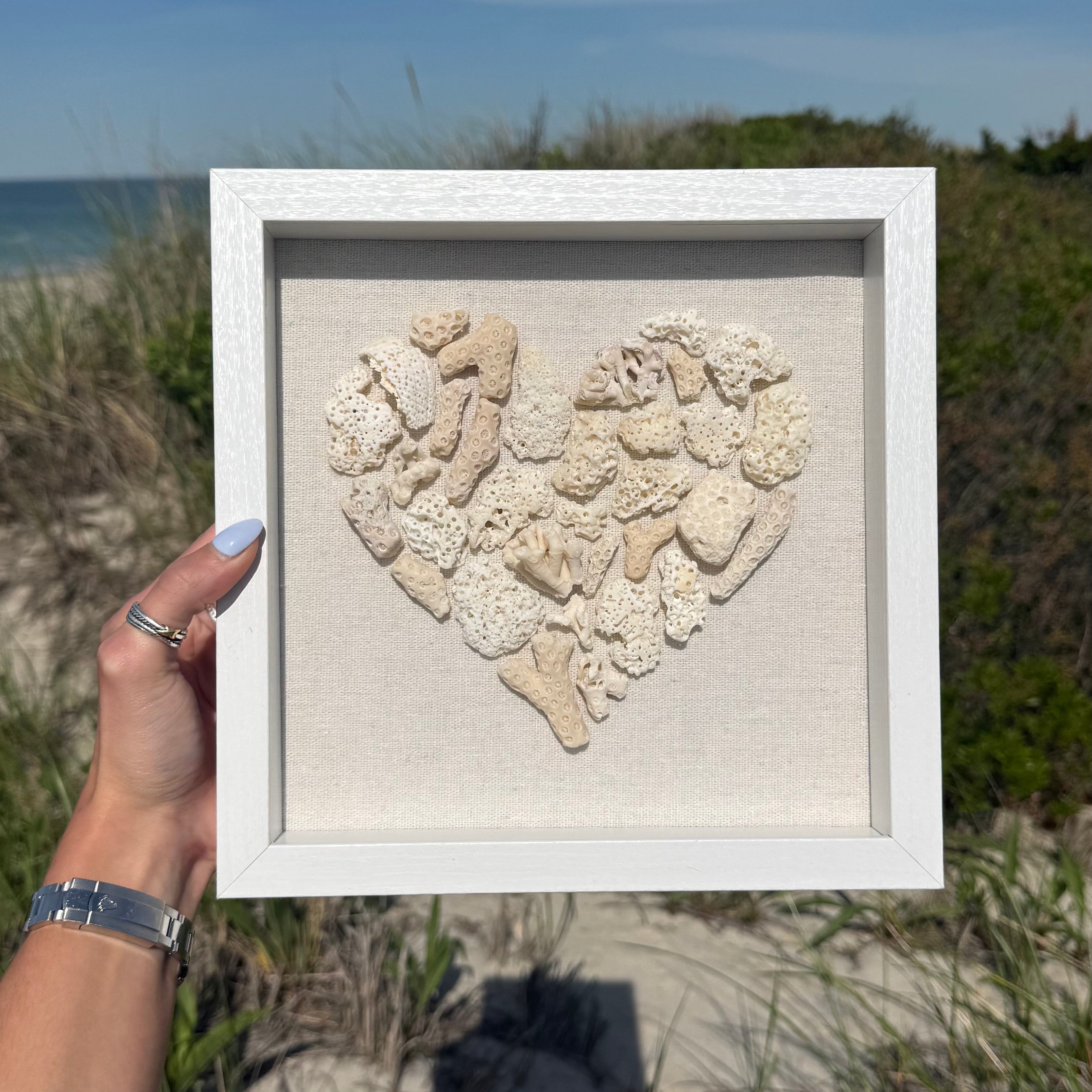 Heart-shaped arrangement of seashells in a white frame held by a person on a beach.