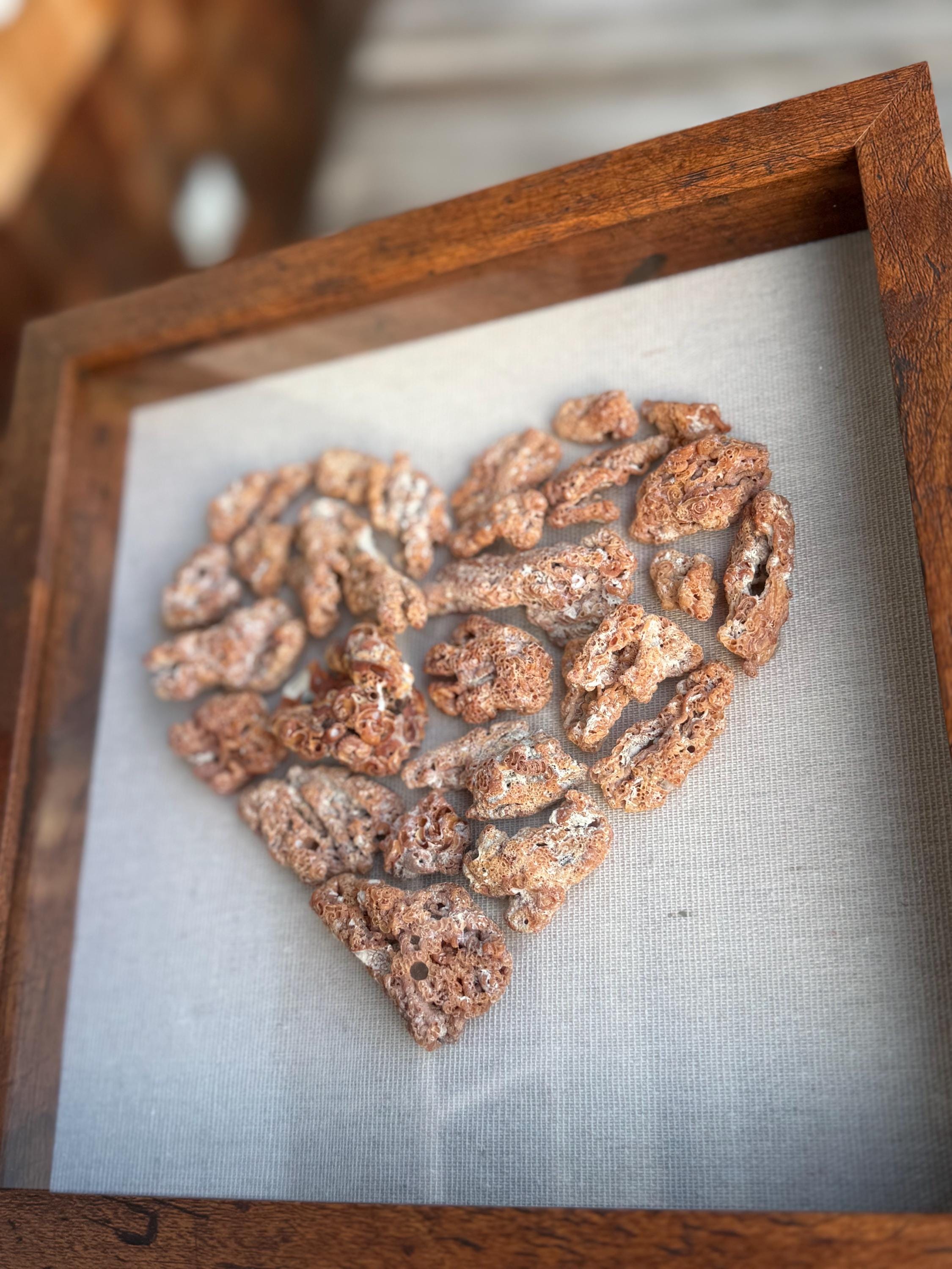 Handmade Red Coral Heart - Framed Coastal Wall art - Seashell Art