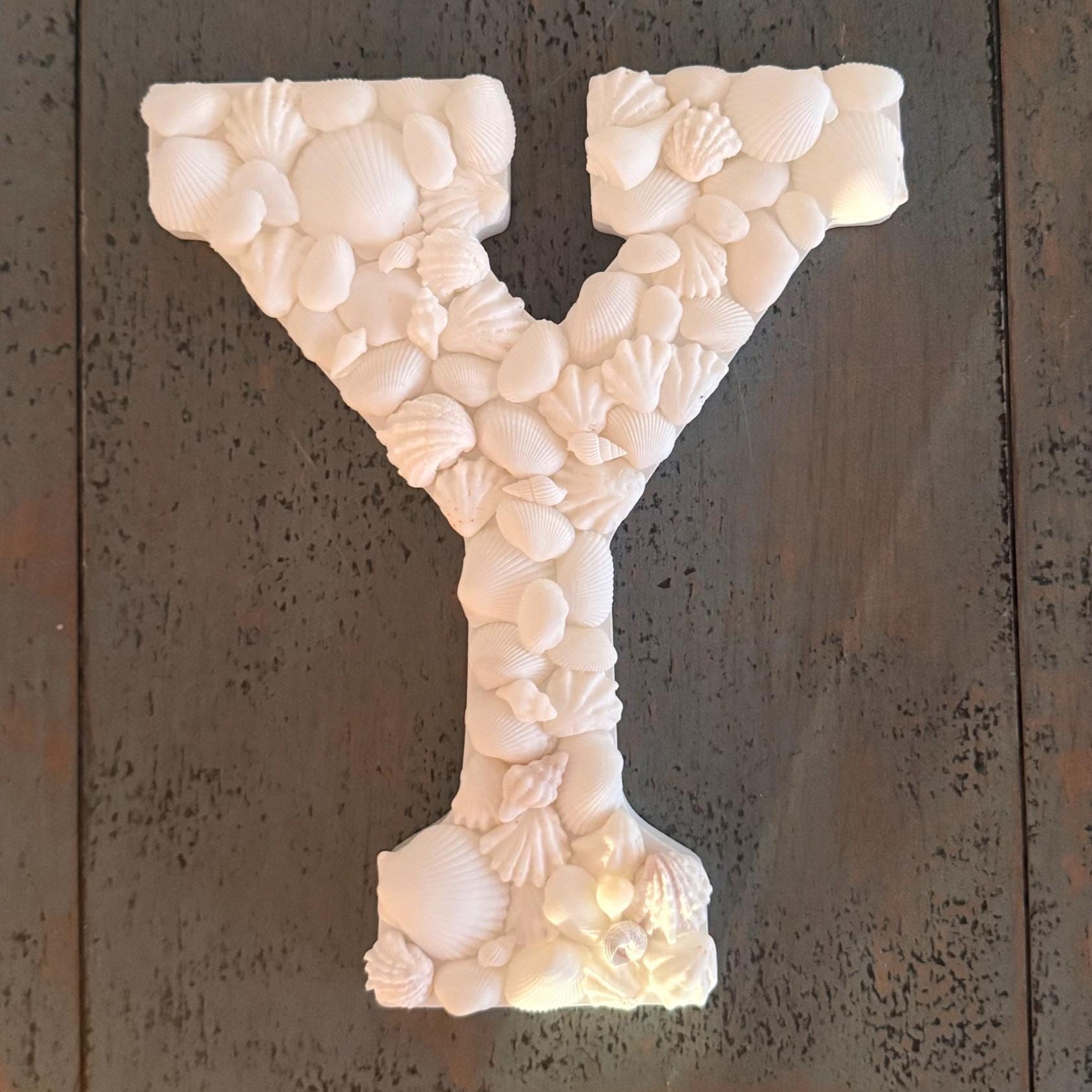 Decorative letter 'Y' made of seashells on a textured metal background